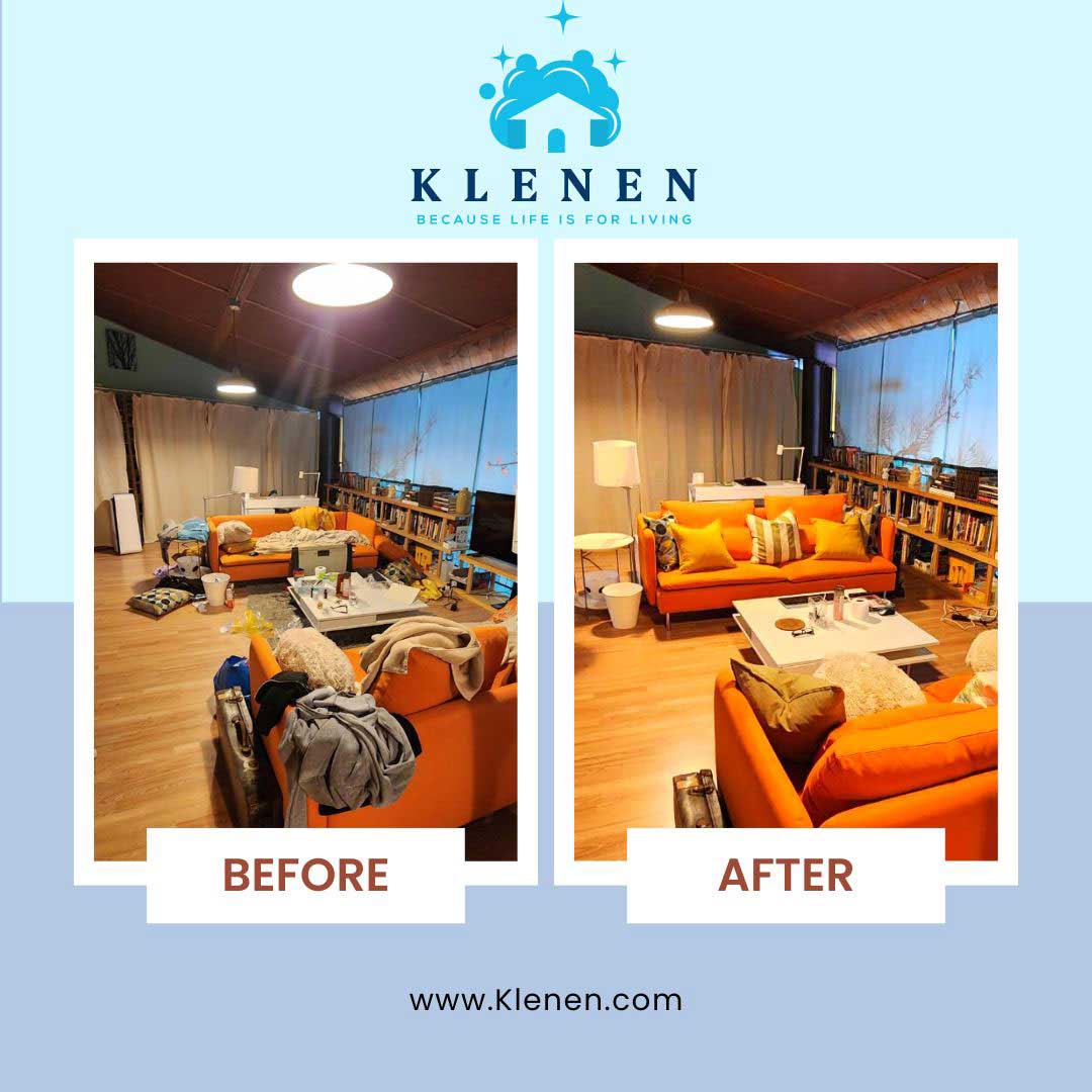 before and after of a living room home cleaning service
