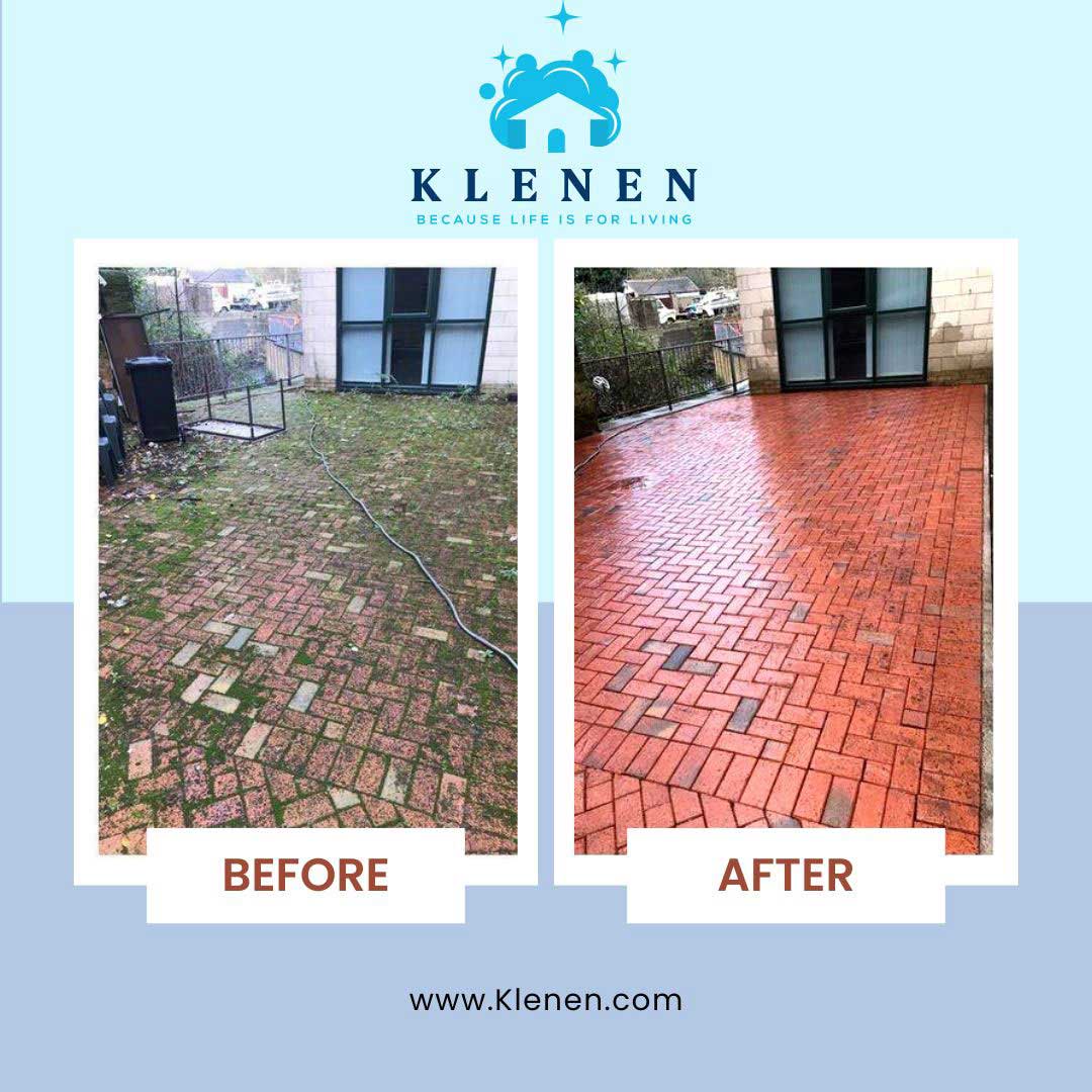 before and after of a brick backyard pressure washing service