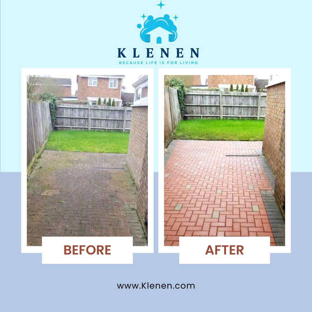 before and after of a brick walkway pressure washing service