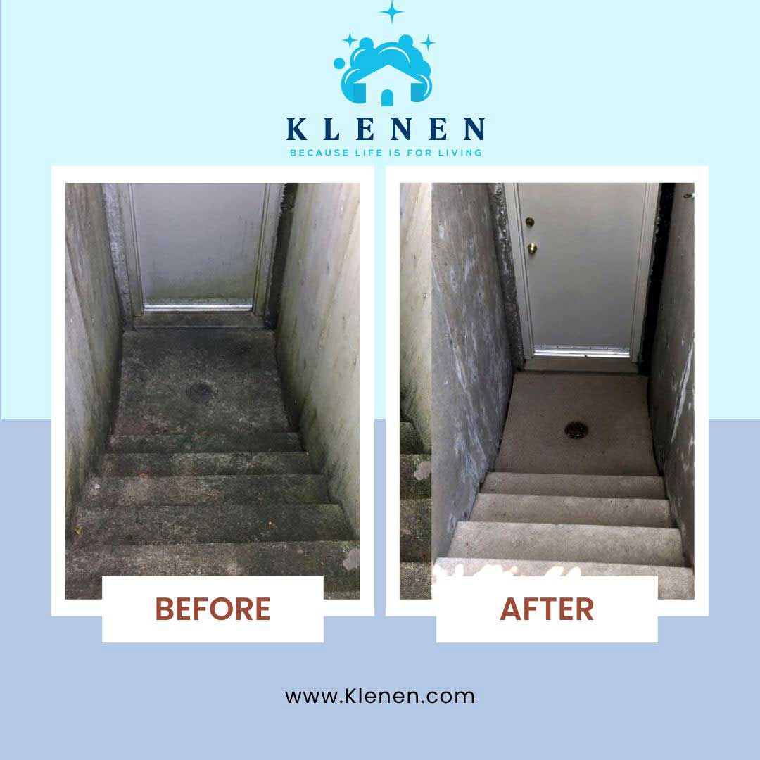 before and after of a concrete stairway pressure washing service