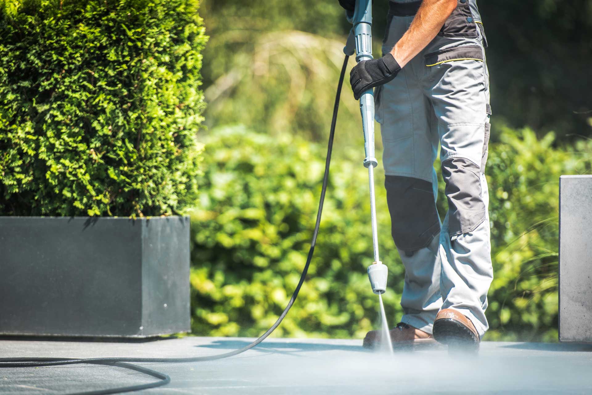 man power washing business next to plants